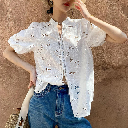 JIAMI Bohemian White Embroidered Hollow Out Cotton Shirt