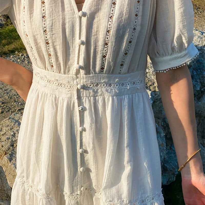 JIAMI White Tiered Lace V-neck Midi Dress