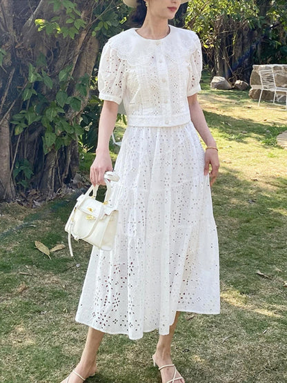JIAMI Vintage Elegant Embroidered Hollow Out Skirt Set