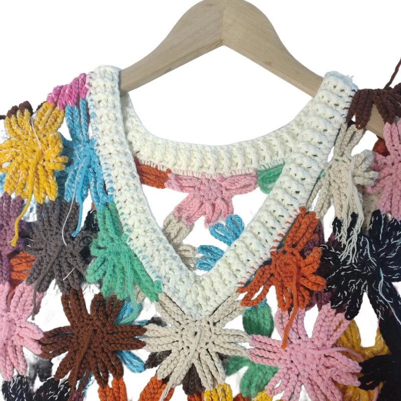 Handmade Crochet Floral v-neck Vest 2024 Women Niche Design Chic Hollow-out Colorful Sweater Outfit  Women Clothes