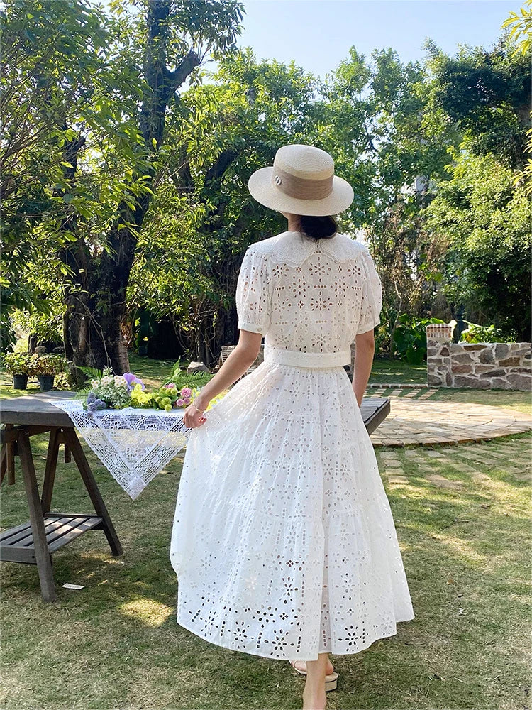 JIAMI Vintage Elegant Embroidered Hollow Out Skirt Set