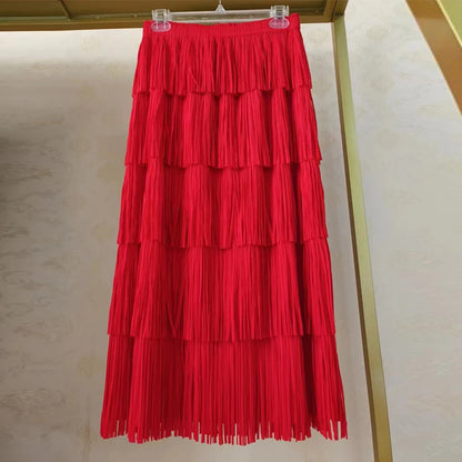 JIAMI Tiered Tassel Women Elegant Midi Skirt