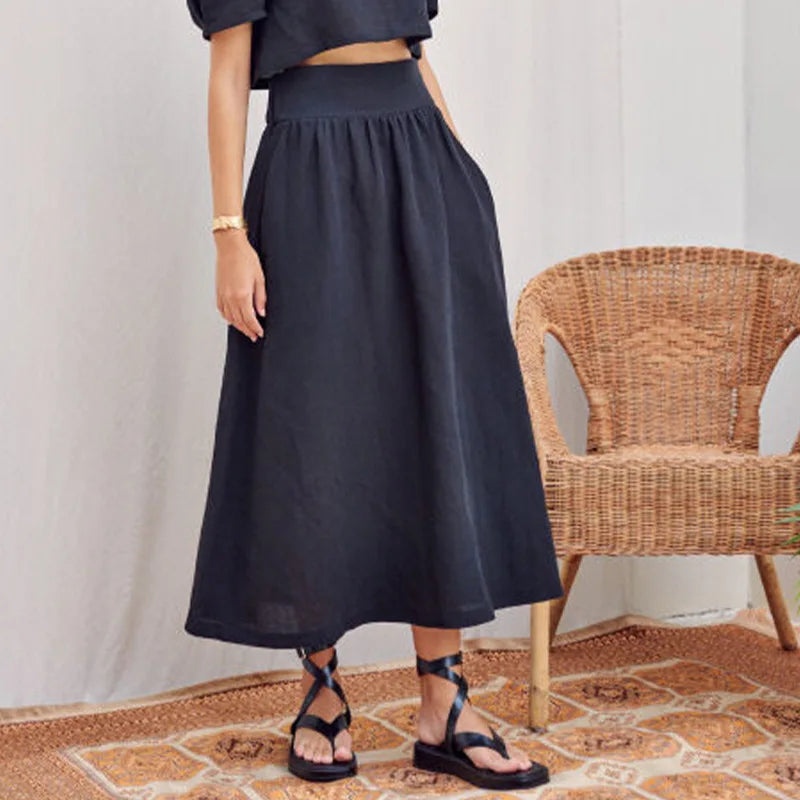 JIAMI Linen Frenchy A-line Elastic Waist Pleated Skirt