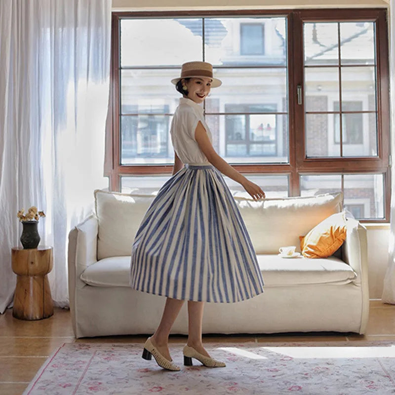 JIAMI Women High Rise Blue Striped Vintage Midi Skirt