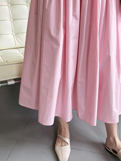 JIAMI Vintage Retro Women's Pink High Waist Pleated Midi Skirt