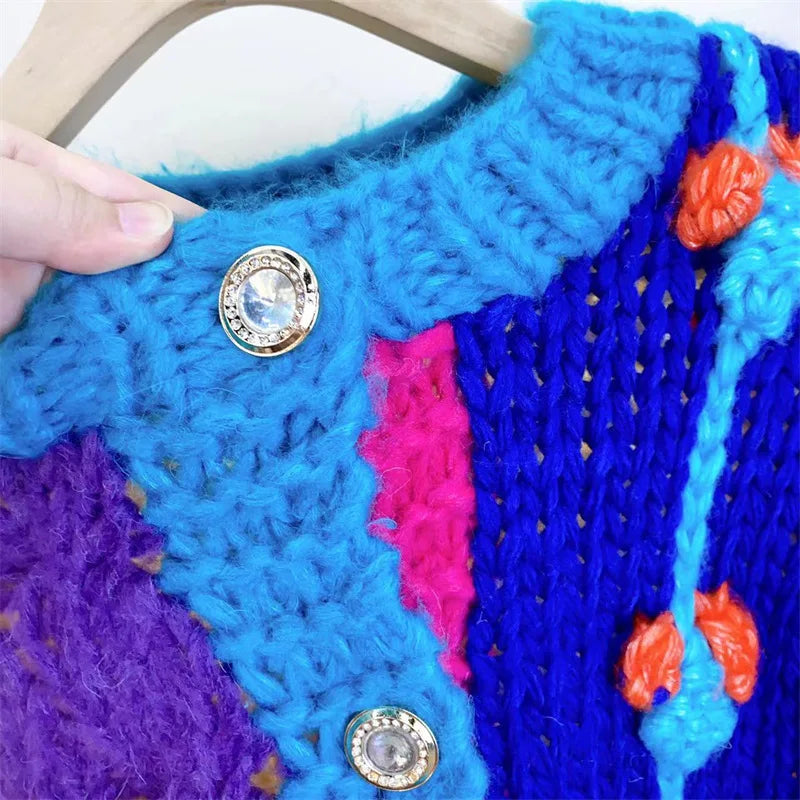Kalamet Women Colorful Chunky Knit Sweater Handmade Bulky Cardigan