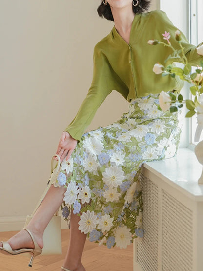 JIAMI Floral-Embroidered Hollow Out Lace Green Skirt