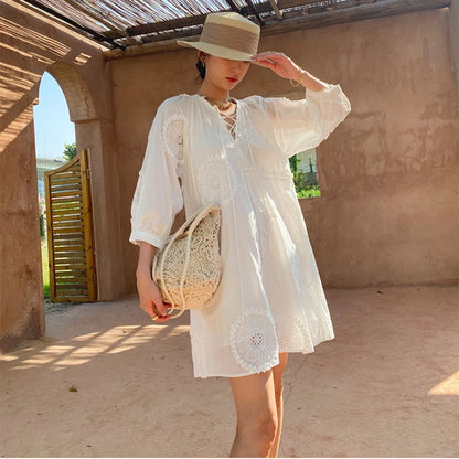 JIAMI White Embroidered Bohemian Vacation Dress