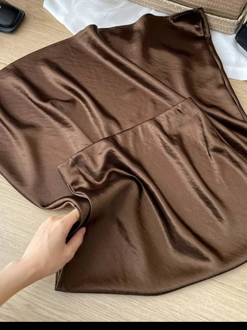 Thick Glossy Satin Midi Skirt Elegant Quiet Luxury Basic High-Waist Skirt or All Seasons