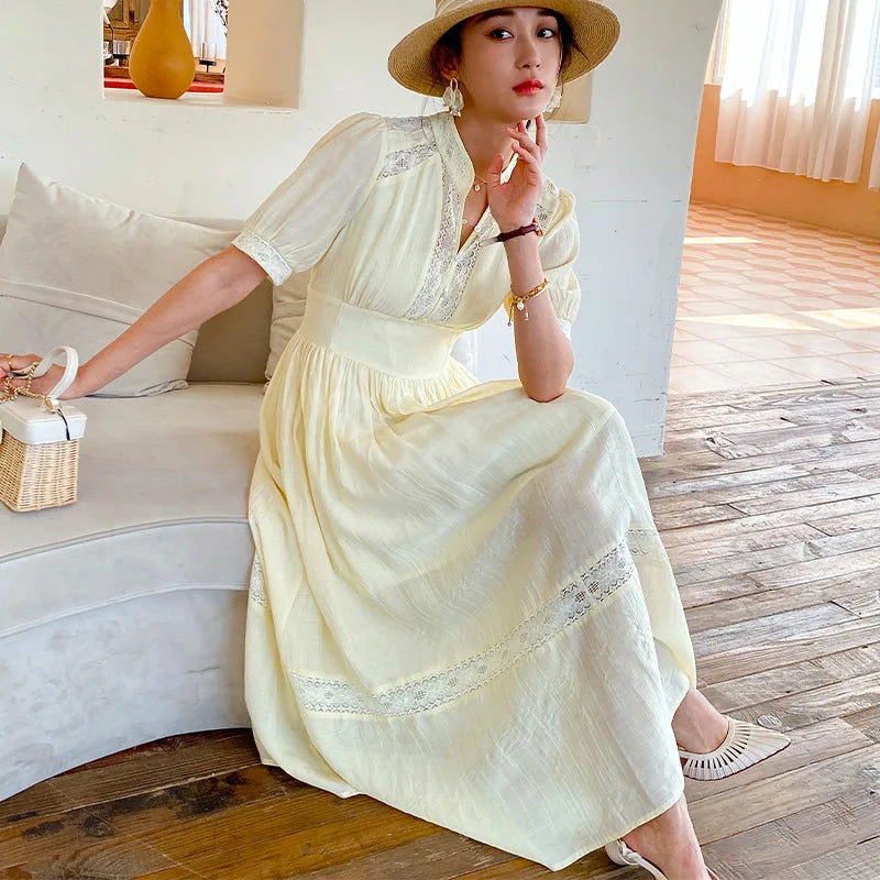 JIAMI Puff-sleeve V-neck Lace Trim White Maxi Dress