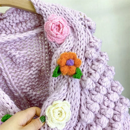 Kalamet Women Hand-Knitted Chunky Cardigan with 3D Flower Twisted Design C6002