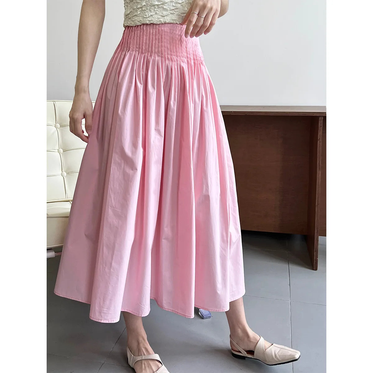 JIAMI Vintage Retro Women's Pink High Waist Pleated Midi Skirt