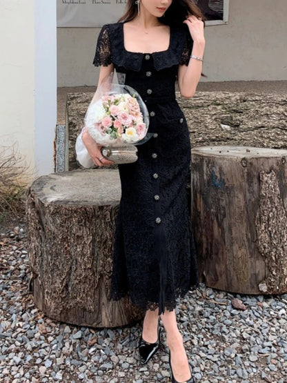 JIAMI High Quality Blue Lace Elegant Midi Dress