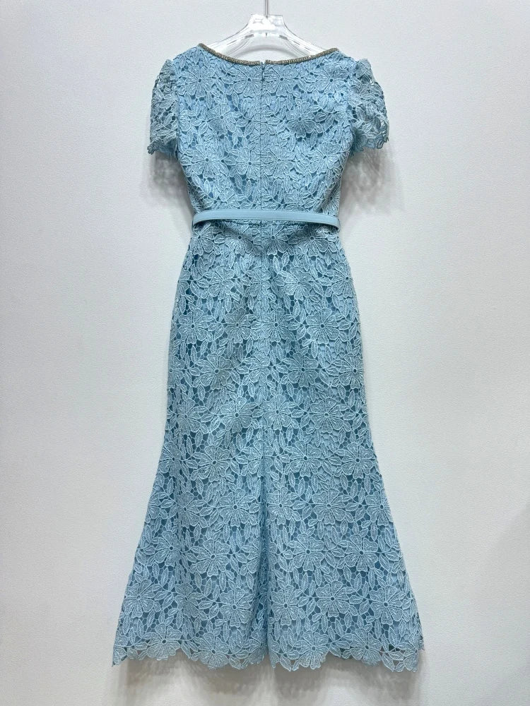 JIAMI High Quality Blue Lace Elegant Midi Dress