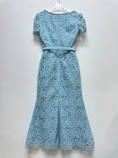 JIAMI High Quality Blue Lace Elegant Midi Dress