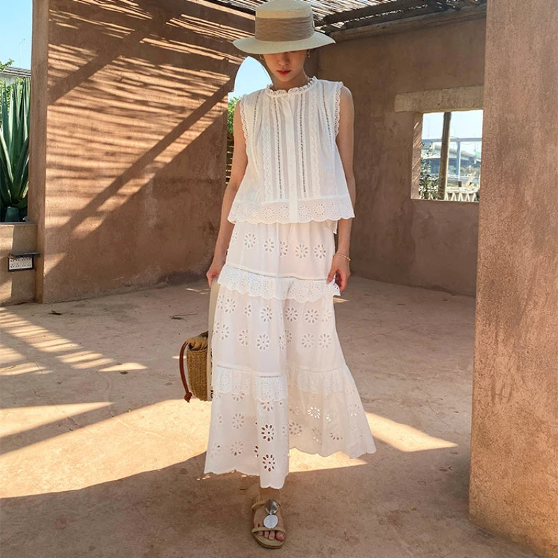 Embroidery Vacation Dress Set French Style Hollow Out Lace Top A-Line Long Skirt