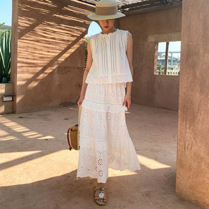 Embroidery Vacation Dress Set French Style Hollow Out Lace Top A-Line Long Skirt
