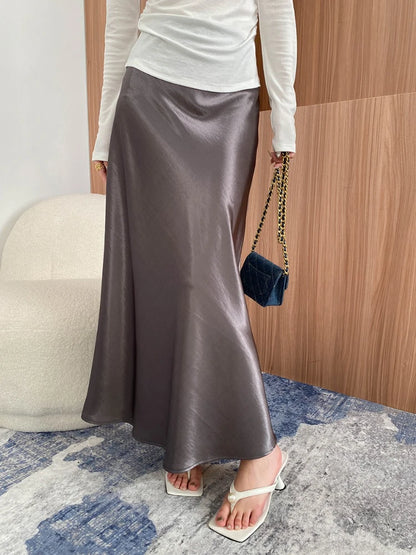Thick Glossy Satin Midi Skirt Elegant Quiet Luxury Basic High-Waist Skirt or All Seasons