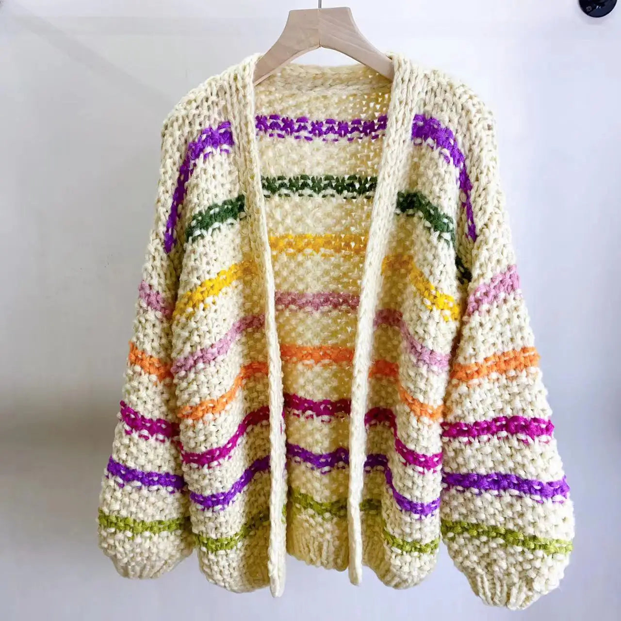 Kalamet Autumn/Winter New in Women Chunky Mohair Cardigan V-neck Rainbow Color Handmade Knit Striped Sweater Bohemian Style