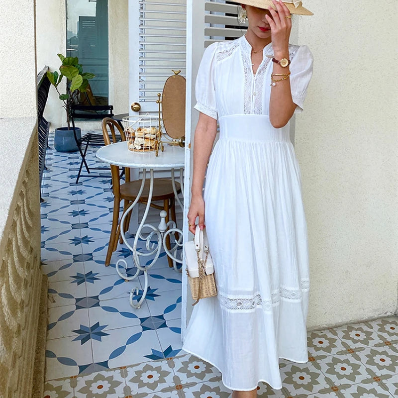 JIAMI Puff-sleeve V-neck Lace Trim White Maxi Dress