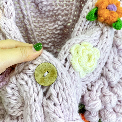 Kalamet Women Hand-Knitted Chunky Cardigan with 3D Flower Twisted Design C6002