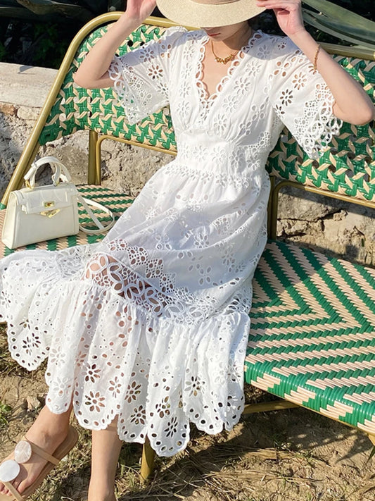 Cut Out Cotton Midi Dress V Neck Eyelet Lace Embroidery