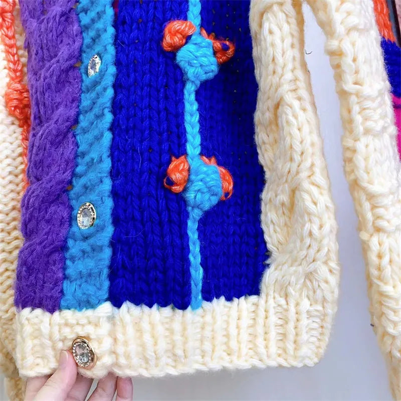 Kalamet Women Colorful Chunky Knit Sweater Handmade Bulky Cardigan