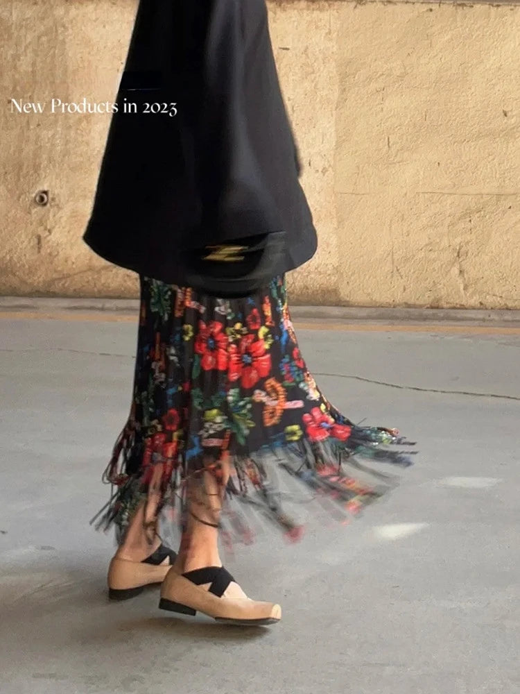 JIAMI Floral Print Women Tassel Elastic Waist High Stretch Midi Skirt