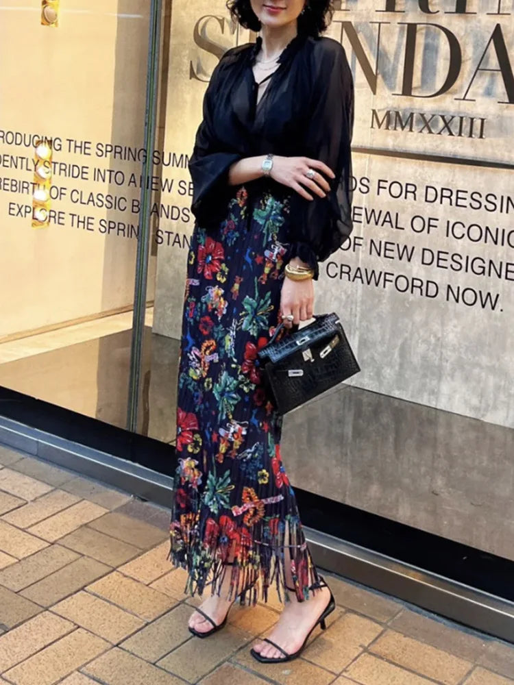 JIAMI Floral Print Women Tassel Elastic Waist High Stretch Midi Skirt