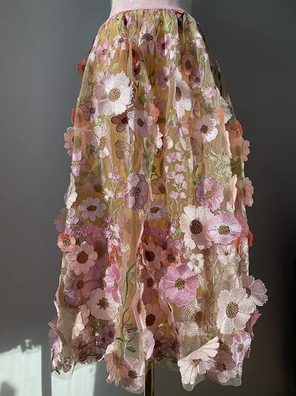 JIAMI Luxury High Waist Floral Pleated Tulle Skirt