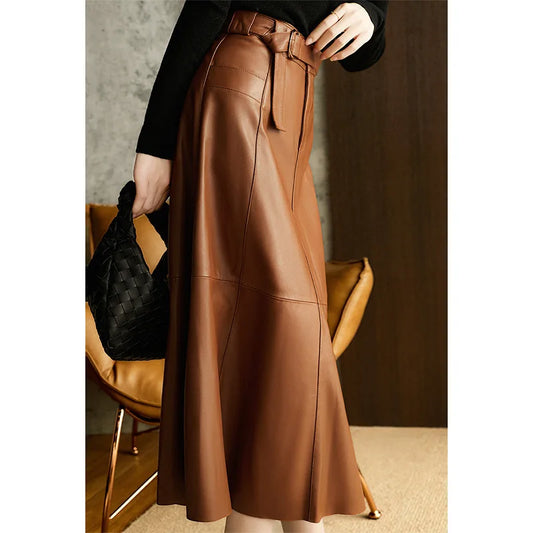 JIAMI Vintage Brown High Waist A-Line PU Leather Skirt