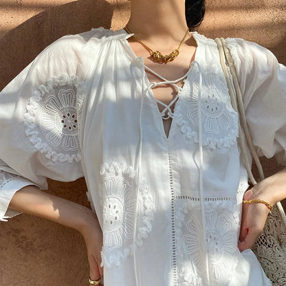JIAMI White Embroidered Bohemian Vacation Dress