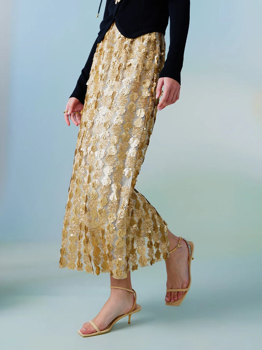 JIAMI Sequin Midi Skirt in Gold