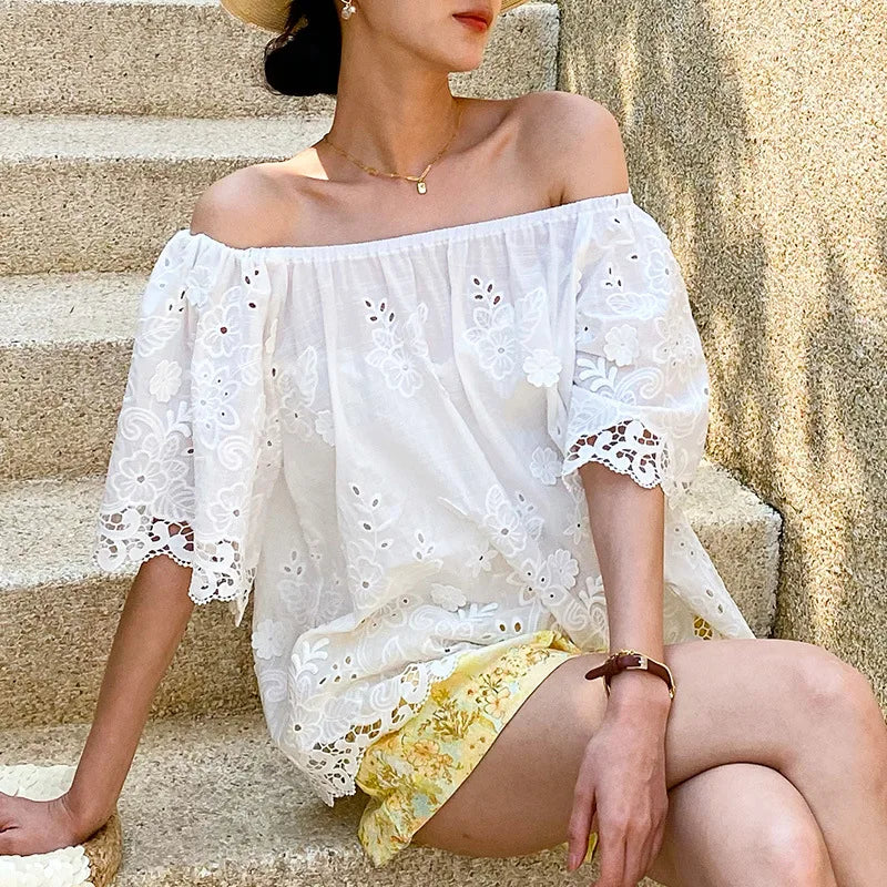 Off The Shoulder Floral Embroidered Boho Blouse