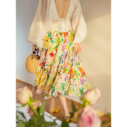 JIAMI Women Floral Print High Waist Pleated A-line Slim Fit Midi Skirt