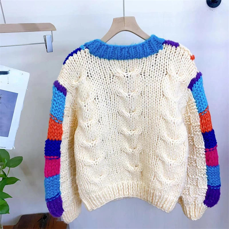 Kalamet Women Colorful Chunky Knit Sweater Handmade Bulky Cardigan