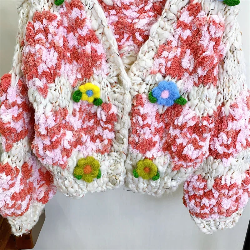 Women Multi Color Floral Handmade Warm Chunky Knit Cardigan Thick Loose Sweater