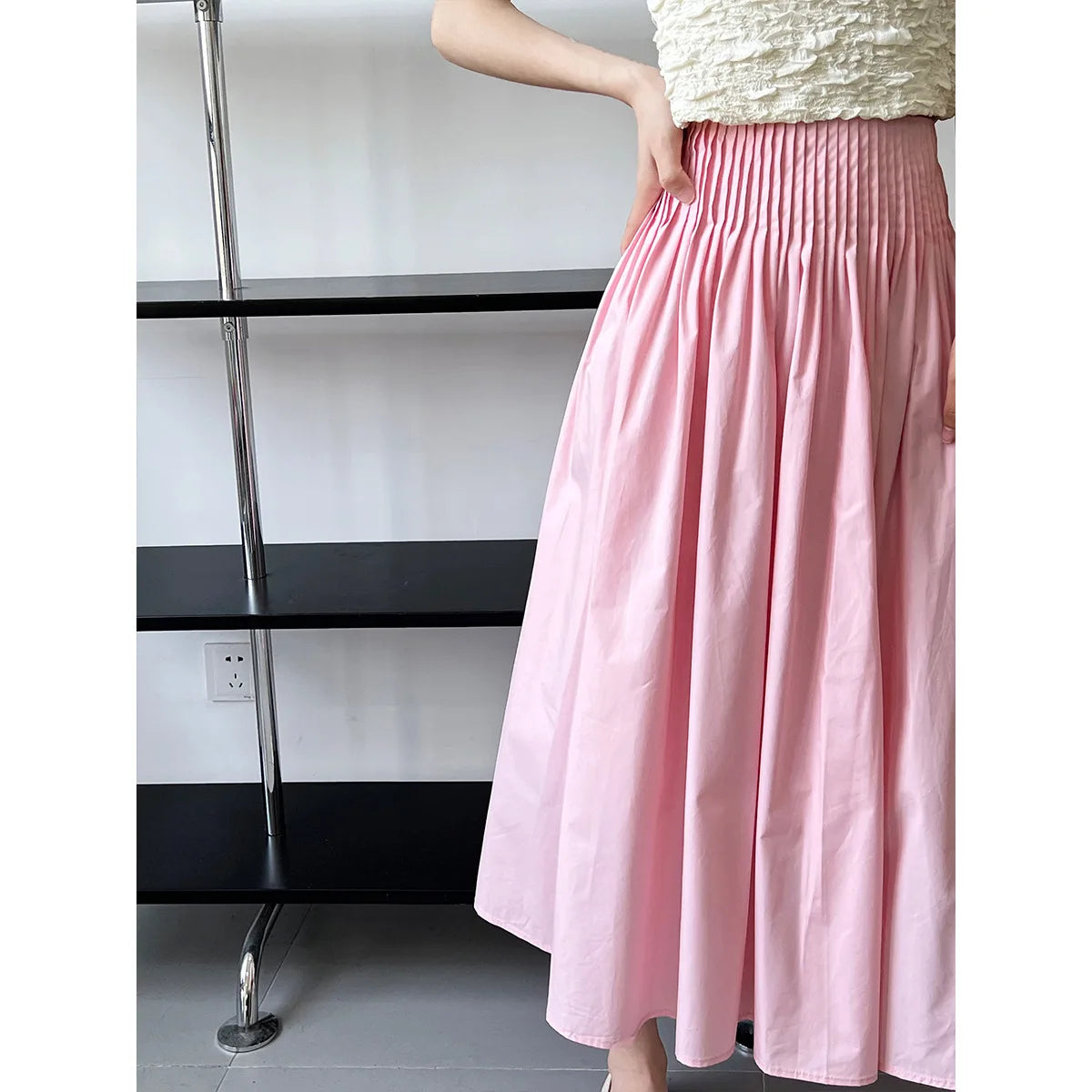 JIAMI Vintage Retro Women's Pink High Waist Pleated Midi Skirt