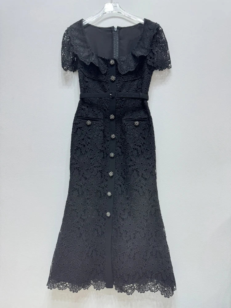 JIAMI High Quality Blue Lace Elegant Midi Dress