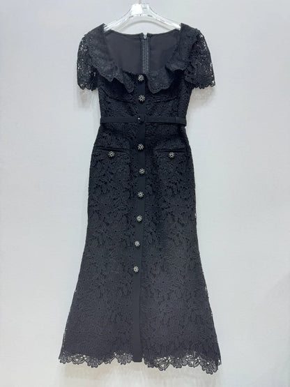 JIAMI High Quality Blue Lace Elegant Midi Dress