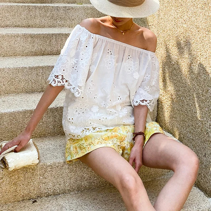 Off The Shoulder Floral Embroidered Boho Blouse