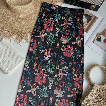 JIAMI Floral Print Women Tassel Elastic Waist High Stretch Midi Skirt