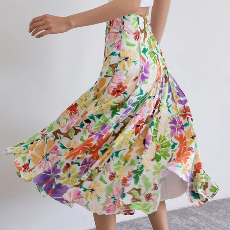 JIAMI Women Floral Print High Waist Pleated A-line Slim Fit Midi Skirt
