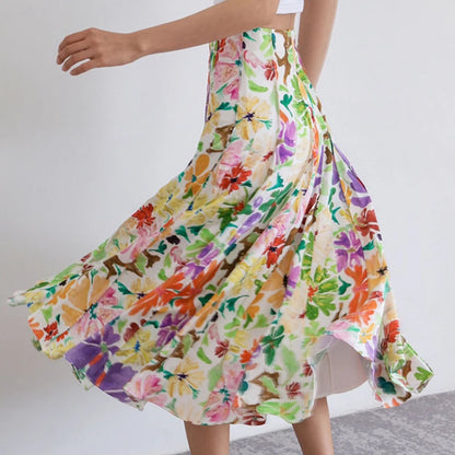 JIAMI Women Floral Print High Waist Pleated A-line Slim Fit Midi Skirt