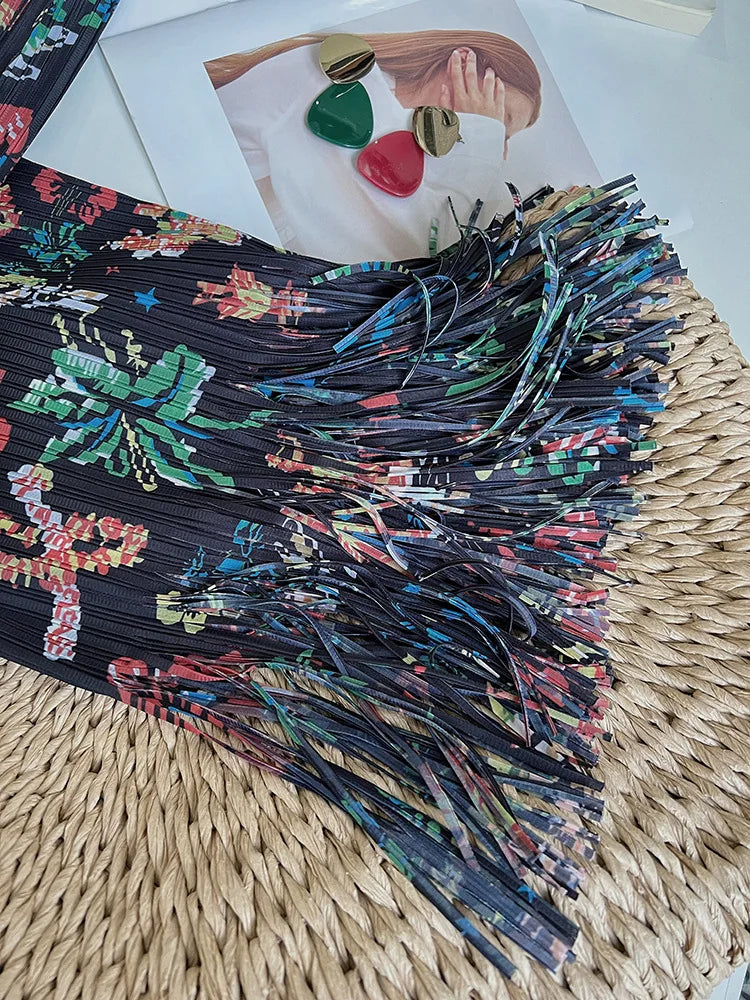 JIAMI Floral Print Women Tassel Elastic Waist High Stretch Midi Skirt