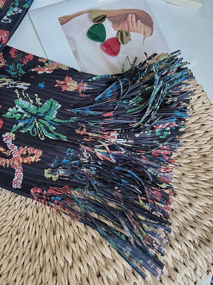 JIAMI Floral Print Women Tassel Elastic Waist High Stretch Midi Skirt