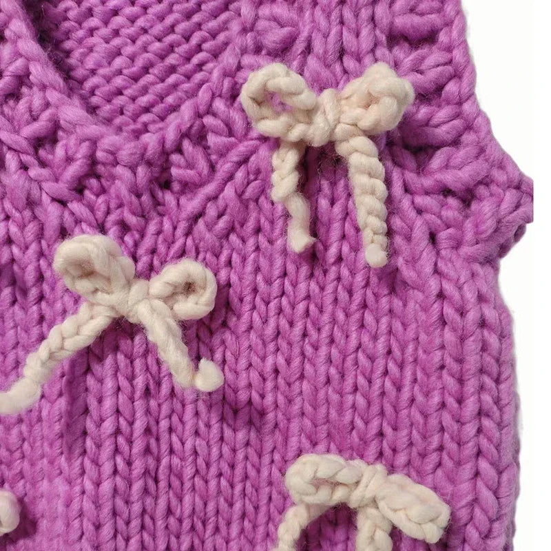 Women Handmade Purple Sweater Vest with Bow Sweater  Chunky Knitwear Sweet Warm Top