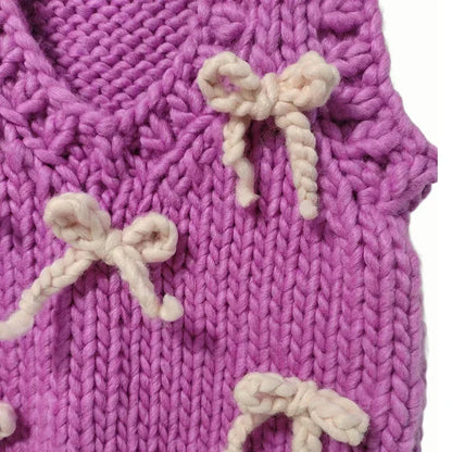 Women Handmade Purple Sweater Vest with Bow Sweater  Chunky Knitwear Sweet Warm Top