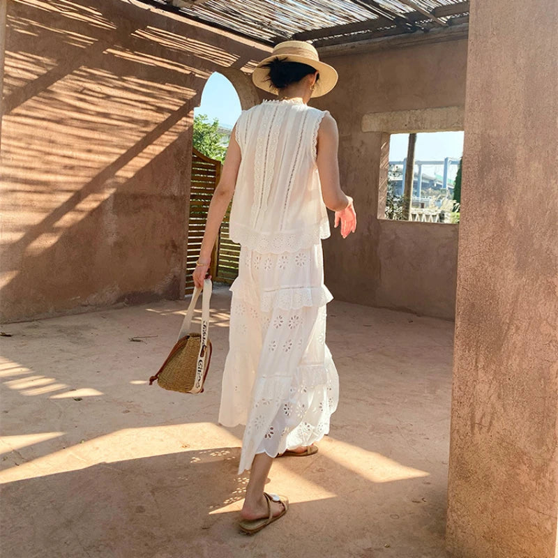 Embroidery Vacation Dress Set French Style Hollow Out Lace Top A-Line Long Skirt