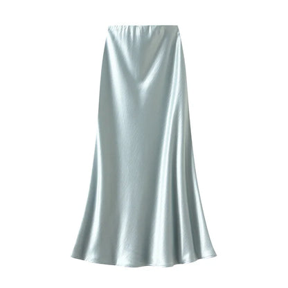 Thick Glossy Satin Midi Skirt Elegant Quiet Luxury Basic High-Waist Skirt or All Seasons